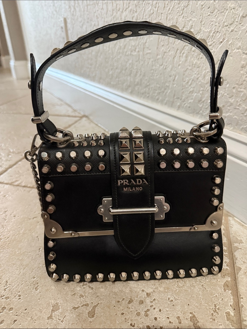 Prada City saffiano leather silver studded Cahier bag